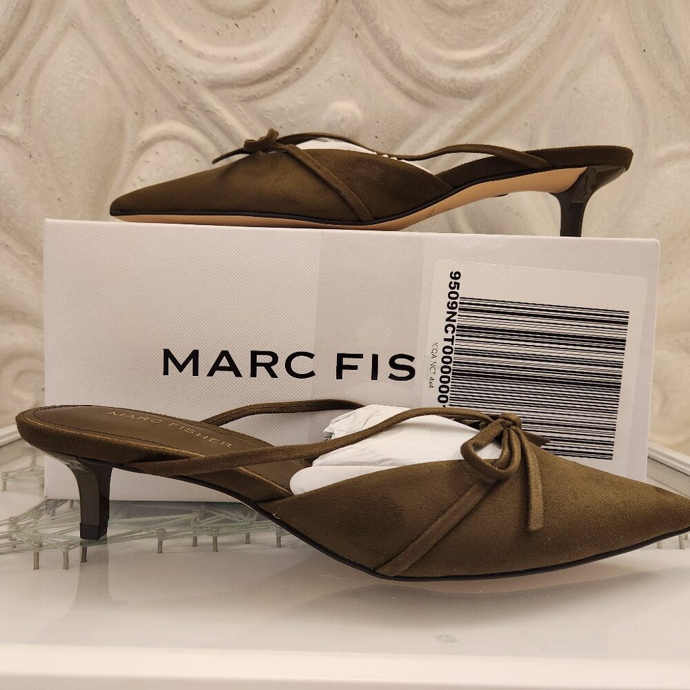 Marc Fisher Olive Green Pointed Toe Kitten Heel Mules